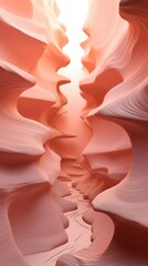 surreal landscape with fluid, wave-like rock formations in soft peach tones, evoking a serene,...