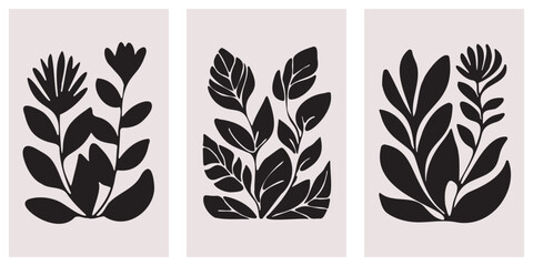 Abstract black silhouette plant and leaves wall art matisse style. Vector illustration. - obrazy, fototapety, plakaty