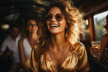 A stylish lady enjoying a drink at an indoor bar, her face adorned with a bright smile and sunglasses adding to her chic look - obrazy, fototapety, plakaty
