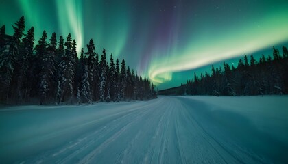 Beautiful picture of massive multicolored green vibrant Aurora Borealis, Aurora Polaris, also known as the Northern Lights in the night sky over the winter landscape of Lapland, Norway, Scandinavia - obrazy, fototapety, plakaty