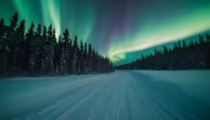 Washable wall murals North Europe Beautiful picture of massive multicolored green vibrant Aurora Borealis, Aurora Polaris, also known as the Northern Lights in the night sky over the winter landscape of Lapland, Norway, Scandinavia