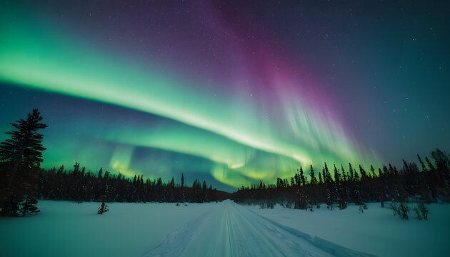 Beautiful picture of massive multicolored green vibrant Aurora Borealis, Aurora Polaris, also known as the Northern Lights in the night sky over the winter landscape of Lapland, Norway, Scandinavia