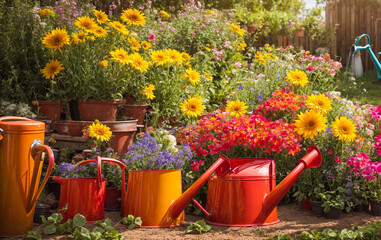 Garden watering cans, color in flowerpots in the summer garden environment