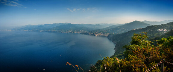 panoramic seascape with mountains on the Gulf of Golfo Paradiso, Riviera Ligure, Portofino Park,...