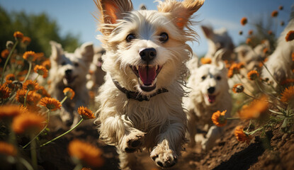 A pack of playful terriers frolic through a sun-drenched field of wildflowers, their wagging tails and joyful barks filling the air with pure, unbridled happiness - obrazy, fototapety, plakaty