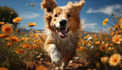 A majestic brown dog bounds through a vibrant meadow of wildflowers, basking in the warm sunlight and embodying the pure joy of being a beloved pet