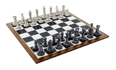 Chessboard with black and white chess pieces isolated on transparent background. 3D illustration