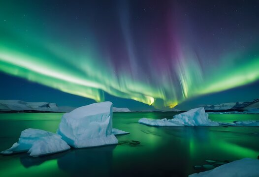 Icebergs under the northern lights - Powered by Adobe