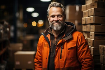Fototapeta premium A bearded man stands confidently in his orange jacket, his warm smile a stark contrast against the cold, urban building behind him