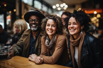 A group of people, dressed in elegant clothing, sat around a table, each with a smile on their human faces, enjoying an indoor event while sipping drinks and conversing, with a man and woman wearing  - obrazy, fototapety, plakaty