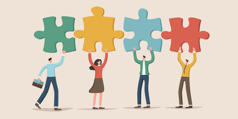 Teamwork to achieve heights in work, collaboration and partnership to complete tasks successfully, brainstorming to achieve business goals, team motivation and performance, people fold in puzzles.