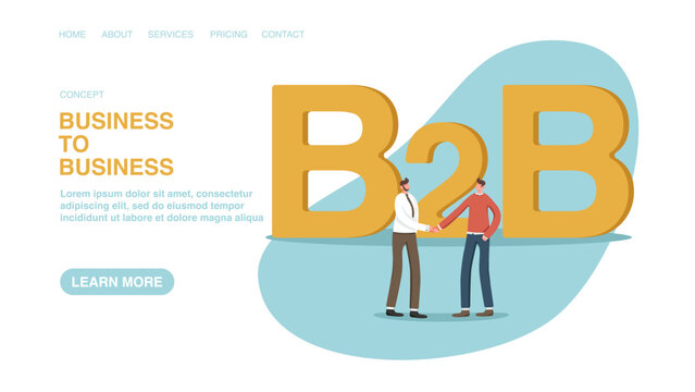 B2B business marketing, company agreement, supply chain or trade deal, sale of goods or services between companies. Vector illustration for poster, website, web banner with men handshake near B2B.