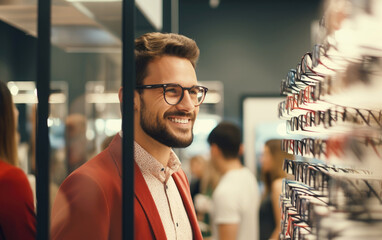 Obraz premium Male customer selecting optical eyewear while visiting shop