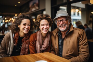 A diverse group of stylish individuals gathered at a restaurant, their faces adorned with smiles and fashionable accessories like fedoras and glasses, while the indoor setting was accentuated by the  - obrazy, fototapety, plakaty
