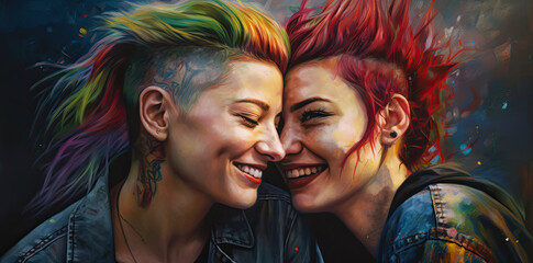 Portrait of two young beautiful women with bright multi-colored hair and face paint