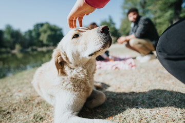 Young friends and their playful dogs enjoying nature in a city park. Their carefree attitude and joyful connection brings positive energy to their relaxing weekend activity.