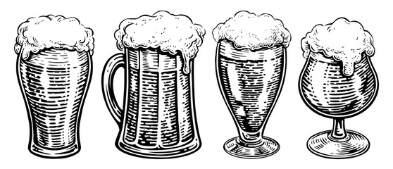 Set of Beer glasses, mugs isolated. Hand drawn vintage engraving illustration