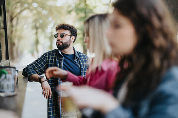 Best friends, young adults, carefree and cheerful, enjoy a sunny day in a city park. They have a fun conversation, surrounded by nature, fostering positive energy and well-being.