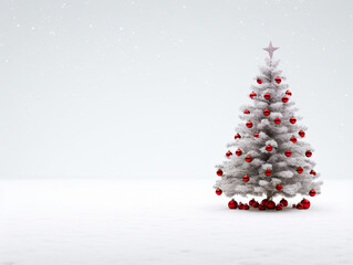 christmas tree with white snow one and red ornaments , big gold star on top of the tree in the all white background with giftboxes under the tree plain white background and floor