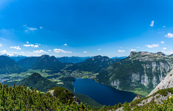 Stunning aerial panorama view of Altaussee lake from Trisselwand with the peak Loser on a sunny summer day, Styria, Austria