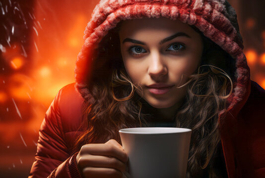 Happy lady in winter attire, with messy curly hair, enjoying a morning cup of coffee.
