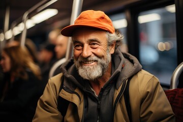 A bearded man, wearing a jacket and a hat, stands on a busy street, smiling warmly at passersby as he waits for his train to arrive