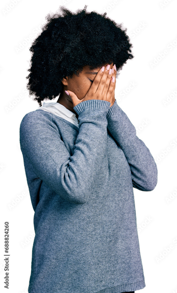 Sticker Young african american woman wearing business clothes with sad expression covering face with hands while crying. depression concept.