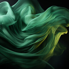 Obraz premium Green malachite turquoise silk scarf flying on black, texture of thin smooth fabric, folds and play, beautiful bright background, textile wallpaper