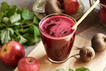 Fresh homemade beetroot juice in a glass cup - obrazy, fototapety, plakaty