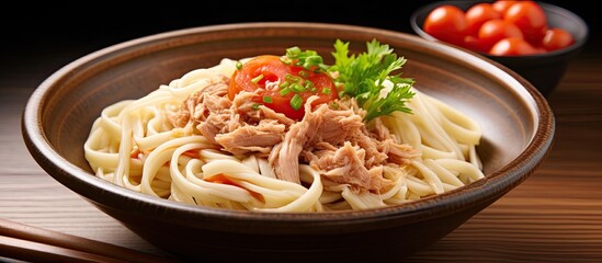 Cold somen noodles with tomato and tuna.