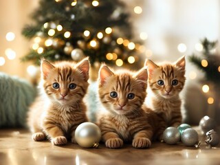 クリスマスを感じる3匹の子猫 - obrazy, fototapety, plakaty