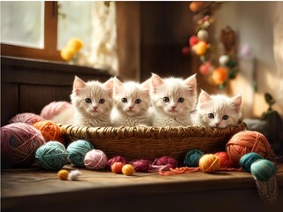 カゴの中の四匹の可愛い子猫