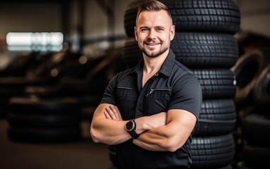 Obraz premium Mechanic standing in a car tire shop and service