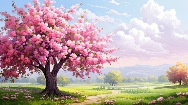 Blooming apple tree Spring Garden with pink flowers