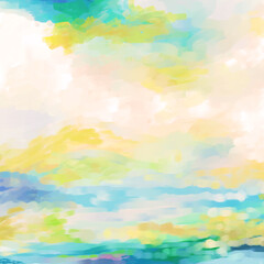 Colorful Landscape or Cloudscape Sunset, Sunrise, Art, Digital Painting, Artwork, Design, or Illustration in Yellow, Aqua, Blue and Green
