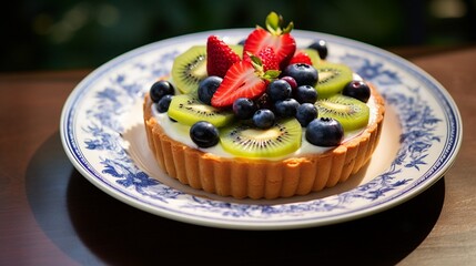 Obraz na płótnie Canvas A fruit tart adorned with fresh kiwi, strawberries, and blueberries on a porcelain plate.