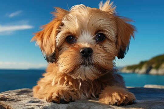 A playful yorkipoo puppy basks in the warm sun, content as can be on a sandy beach rock