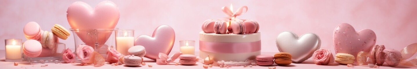 Valentine's Day pink heart sweets and macarons. Food proffession photography. Banner