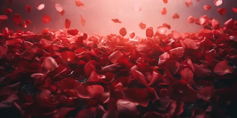 Fotobehang Red rose petals flying on dark background, valentines day, romantic © Julia