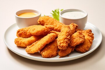 A plate of crispy chicken tenders with an open area for copyspace text.