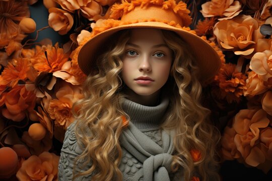 A stylish young girl with flowing locks and a charming hat adorned with a delicate flower, exudes warmth and personality as she poses indoors with a doll in hand, showcasing her fashion-forward sensi