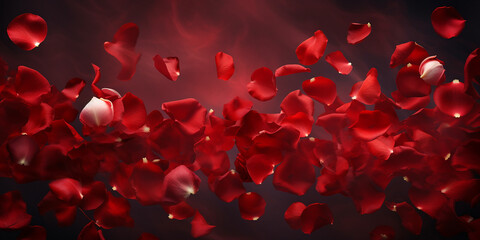 Red rose petals flying on dark background, valentines day, romantic - obrazy, fototapety, plakaty
