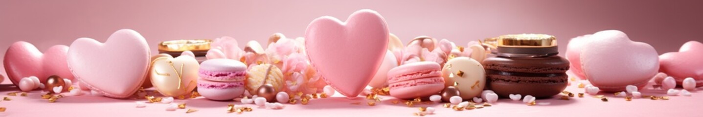 Fototapeta premium Valentine's Day pink heart sweets and macarons. Food proffession photography. Banner