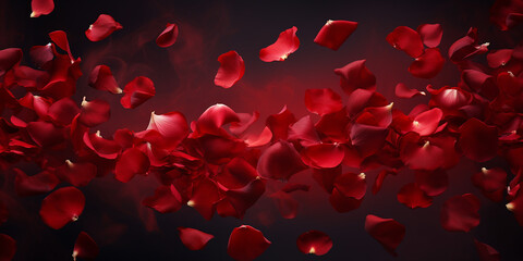 Red rose petals flying on dark background, valentines day, romantic - Powered by Adobe