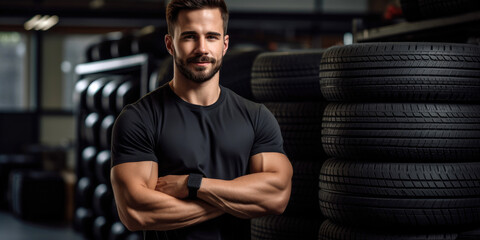 Mechanic standing in a car tire shop and service