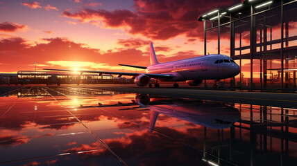 passenger plane in the airport terminal. sunset. travel