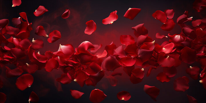 Fototapeta Red rose petals flying on dark background, valentines day, romantic