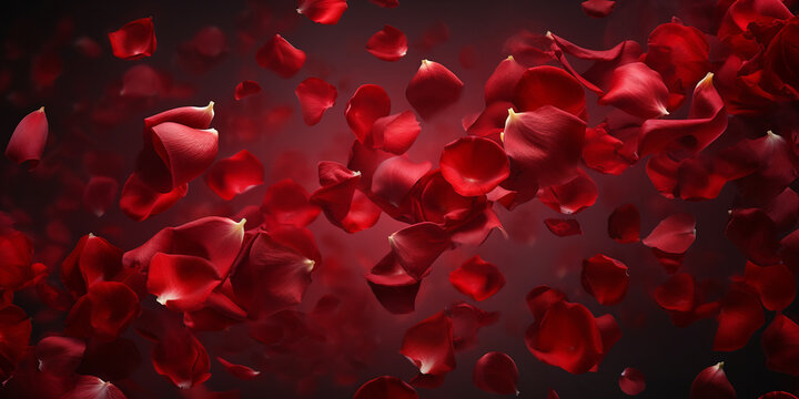 Fototapeta Red rose petals flying on dark background, valentines day, romantic