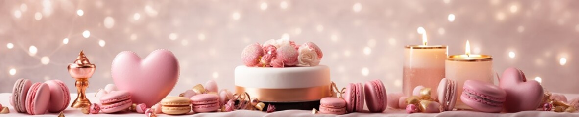 Valentine's Day pink heart sweets and macarons. Food proffession photography. Banner