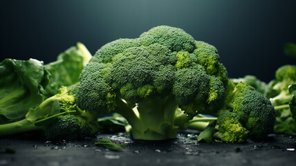 fresh organic green broccoli on dark background, close - up, copy space